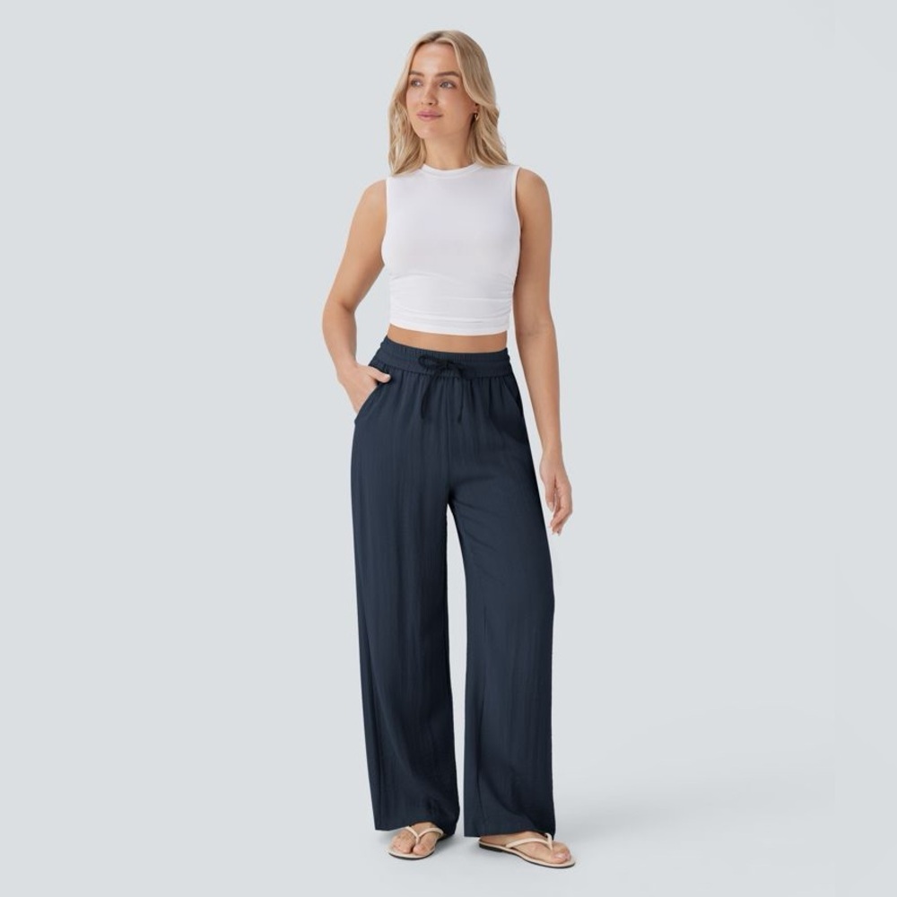 NWT Halara Highwaisted Drawstring Wide Leg Women's Navy Pants Sz L Tall - Picture 3 of 9